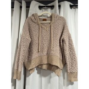 POL Clothing Popcorn Knit Hoodie Sweater Taupe Tan V-Neck High Low POL15 Small